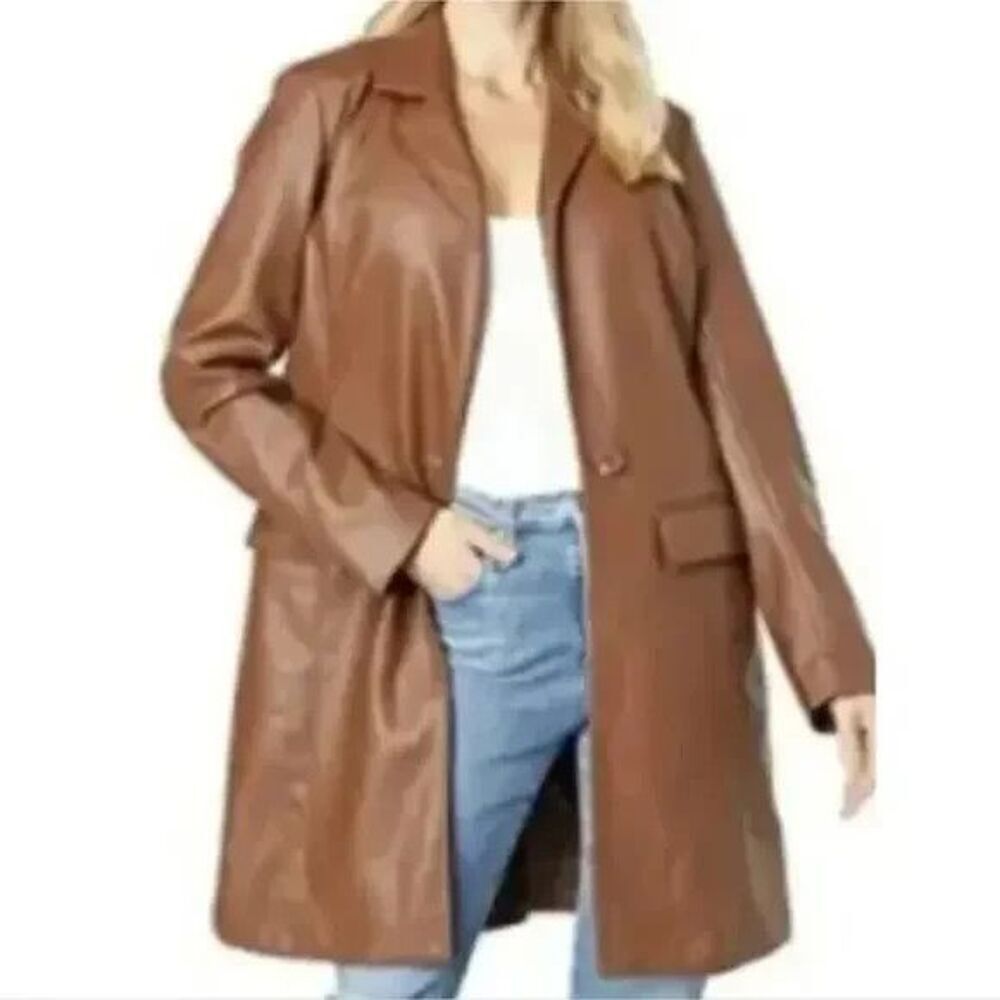 With The Girls By Avec Les Filles Brown Faux Leather Vegan Trench Coat Size M - Picture 3 of 13